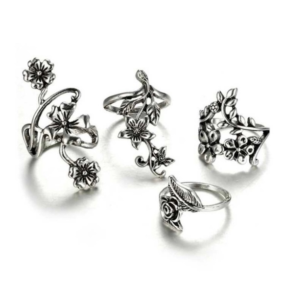 Restock- 4 Piece Boho Floral Antiqued Silver Ring Set - Picture 4 of 7